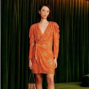 Farm Rio Orange Sunny Mood Sequin Long Sleeve Mini Dress